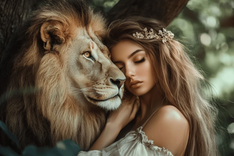 Lion s hlavou u ženy v lesu jako znak horoskopu Lev.